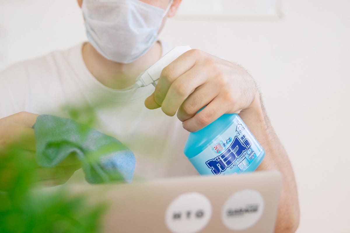 Cleaning supplies and disinfectant bottles